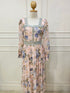 Floral Print Lacey Border Elegant Square Neck Long Sleeves Sundress